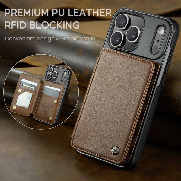 CASEME C22 Mobilskal till iPhone 17 Pro Max med RFID, 5 Kort, Brun