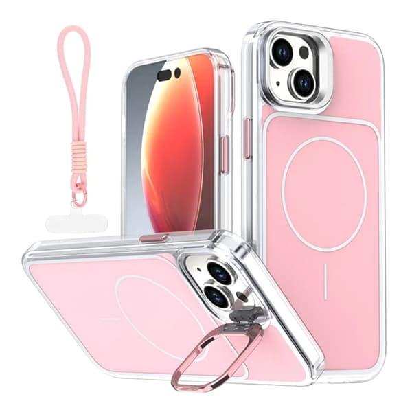 Mobilskal till iPhone 15 MagSafe Lens Kickstand med Handrem - Rosa Rosa