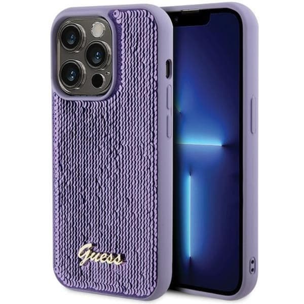 Guess iPhone 15 Pro -puhelinkuori Sequin Script Metal - Lila Lila