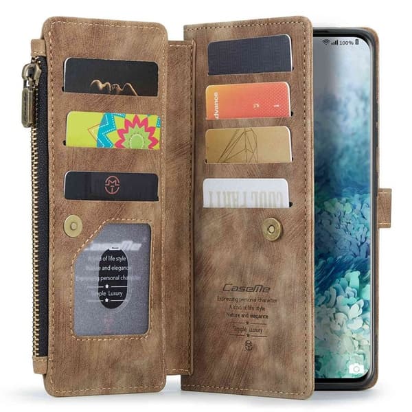 CASEME Konstläder Plånboksfodral för Samsung Galaxy S20 Plus - Brun