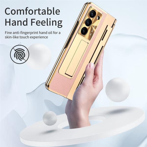 Mobilskal för Galaxy Z Fold 6 5G Läder+PC Kickstand - Guld/Rosa