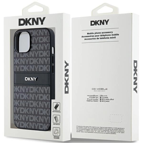 DKNY iPhone 15/14 Plus Mobilskal Läder Mono Stripe & Metal Logo Svart