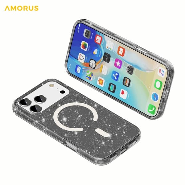 AMORUS Mobilskal till iPhone 17 Pro Max Magsafe Glitter Powder PC + TPU Svart