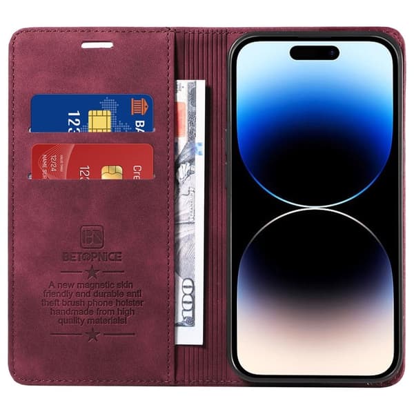 BETOPNICE 003 iPhone 15 Pro Max Plånboksfodral TPU + Konstläder - Röd