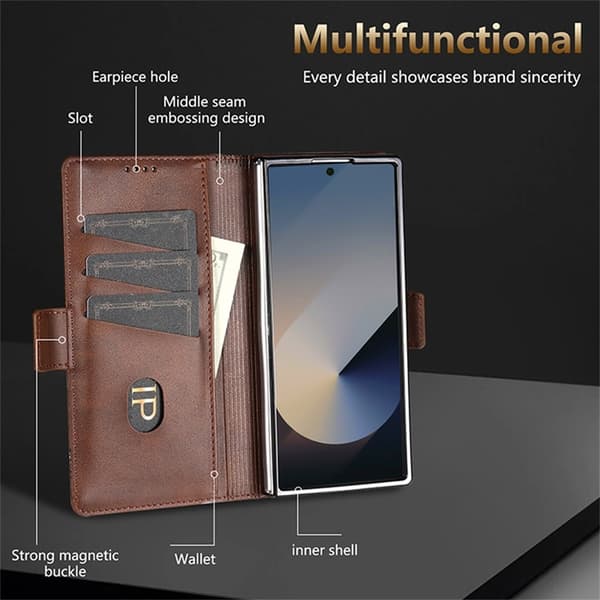 AZNS Galaxy Z Fold 7 Plånboksfodral Cowhide Läder - Coffee Brun