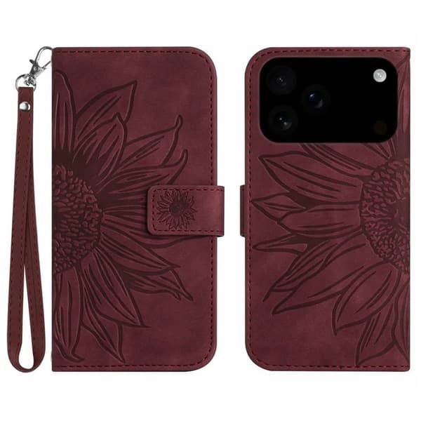 iPhone 17 Pro Max Konstläder Plånboksfodral Sunflower Imprint - Vinröd Vinröd