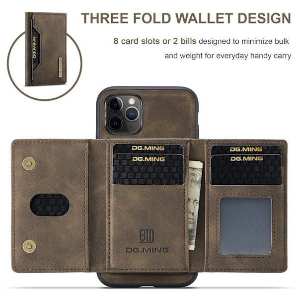 DG.MING 2-i-1 Konstläder Plånboksfodral för iPhone 11 Pro Max - Brun