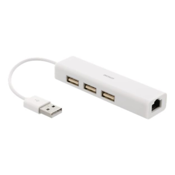 Deltaco USB 2.0 Netværksadapter med USB Hub - Hvid White