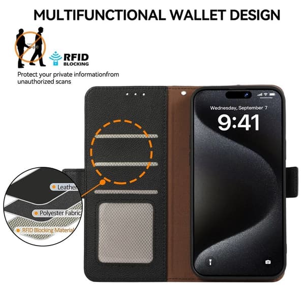 ABEEL iPhone 15 Pro Plånboksfodral RFID-Skydd Litchi Konstläder Svart
