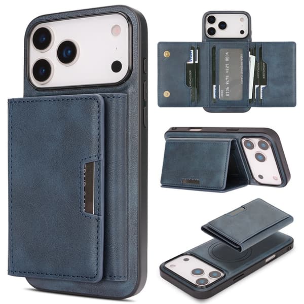 Mobilskal till iPhone 17 Pro MagSafe Kickstand Tri-fold Korthållare Blå