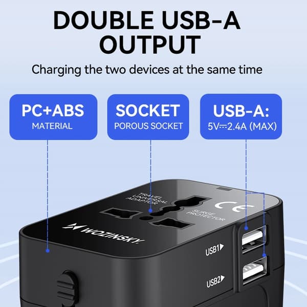 Wozinsky Universal Reseadapter 24W 2xUSB-A EU/US/AUS/UK- Svart