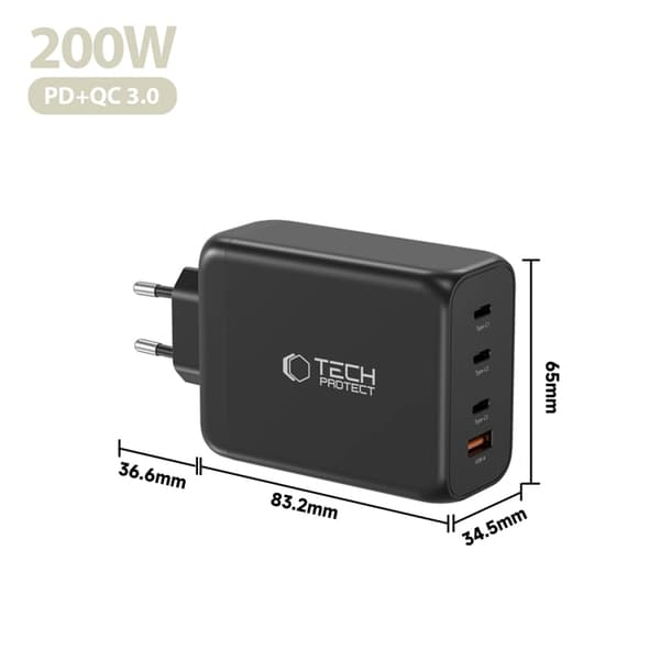 Tech-Protect 4-Port Snabbladdare 200W QC3.0 NC200W-GAN Svart