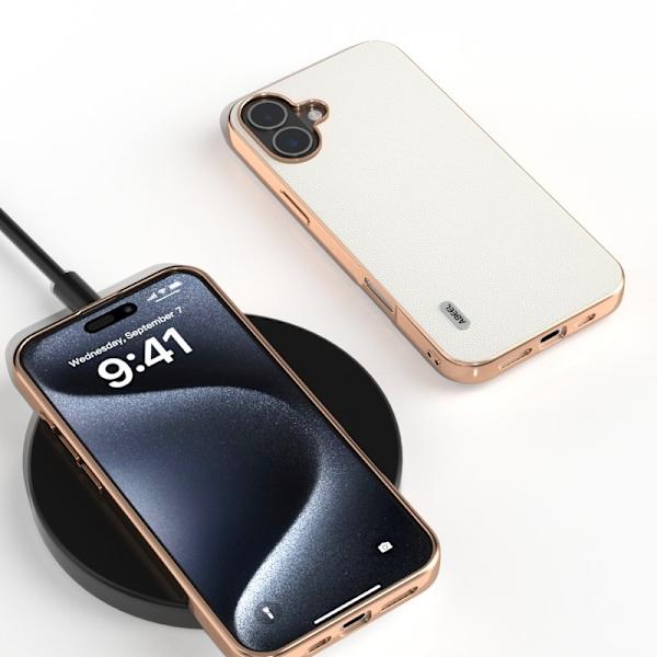ABEEL Mobilskal till iPhone 16 Electroplating Äkta Läder PC - Vit