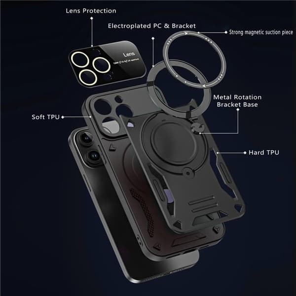 iPhone 15 Plus -puhelinkuori Magsafe-renkaalla ja telineellä – musta Black