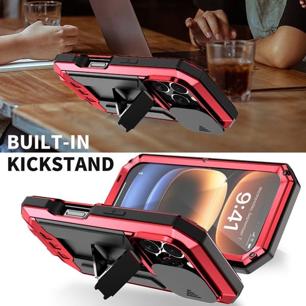 R-JUST Mobilskal till iPhone 16 Pro Kickstand Silicone+Metal+PC Röd