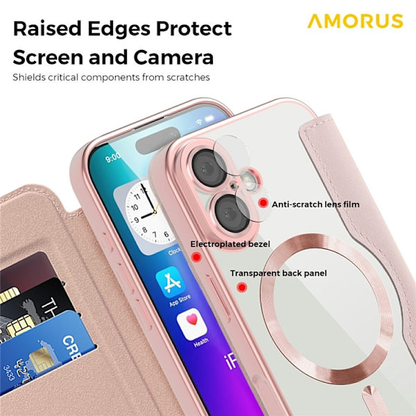 AMORUS iPhone 17 Plånboksfodral MagSafe RFID-Skydd - Rosa Rosa