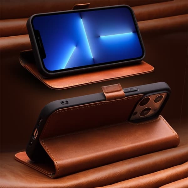QIALINO iPhone 13 Mini Plånboksfodral Äkta Läder Flip Folio Brun