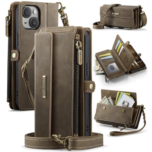 Caseme iPhone 14 Plus Konstläder Plånboksfodral RFID-Skydd Zipper - Brun Brun