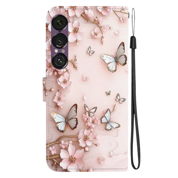 Sony Xperia 1 VII Konstläder Plånboksfodral Pattern Printing - Butterfly Rosa
