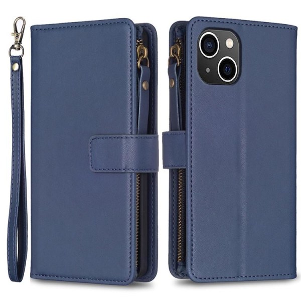 iPhone 15 Plus -lompakkokotelo vetoketjullinen läppä - sininen
