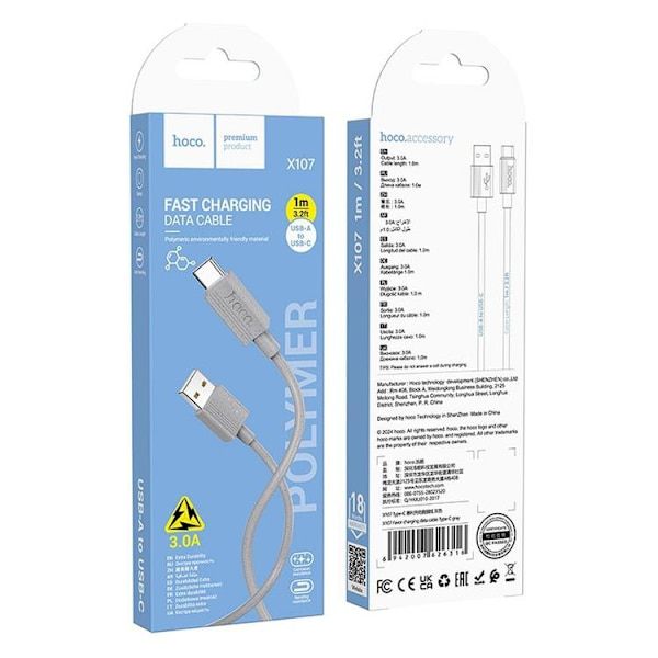 HOCO USB-A Till USB-C 1m Kabel 3A X107 -Grå Grå