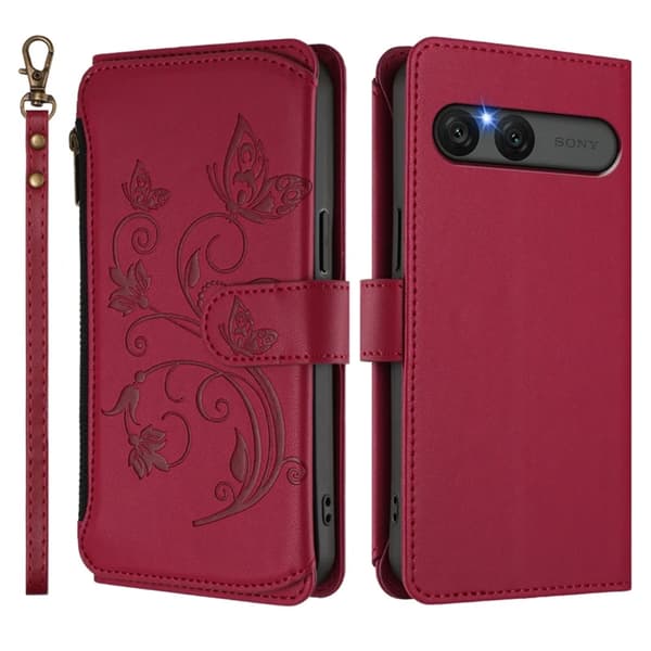Sony Xperia 10 VII Konstläder Plånboksfodral Butterfly Floral - Vinröd Lila