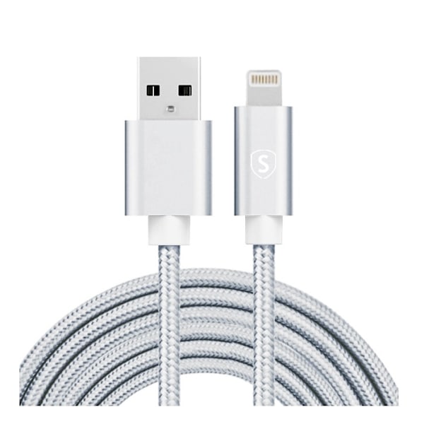 SiGN USB-A till Lightning kabel, 2.1A, 3m, Nylon - Silver
