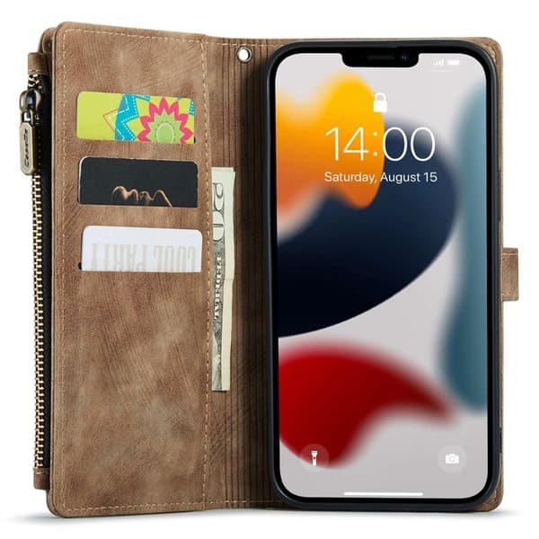 CASEME Konstläder Plånboksfodral för iPhone 13 Pro Max med rem - Brun