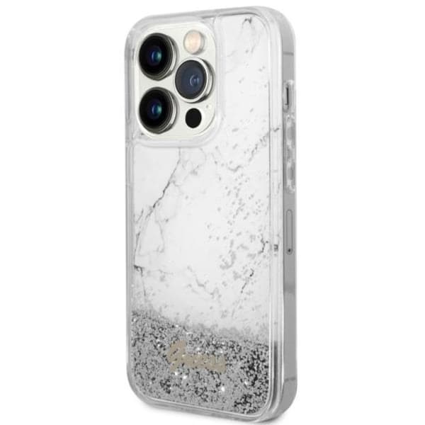 Guess iPhone 14 Pro -puhelinkuori Liquid Glitter Marble - Valkoinen Vit