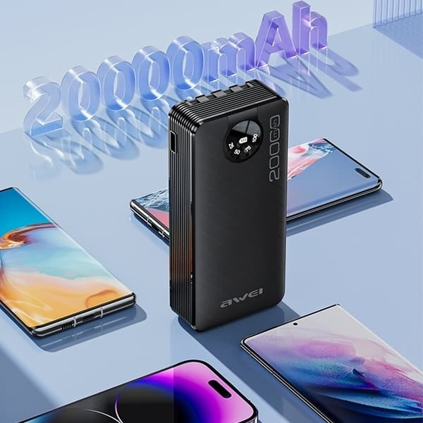 Awei Powerbank 20000mAh Med Micro-USB/USB-C/Lightning Kabel - Svart Black