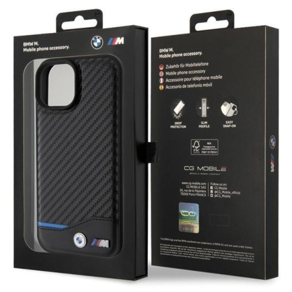 BMW iPhone 15 Plus matkapuhelimen suojakuori, nahkainen hiili - musta
