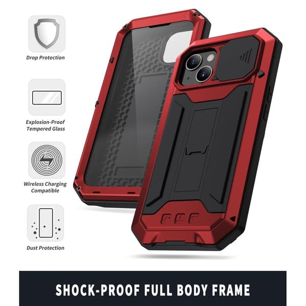 R-JUST Mobilskal till iPhone 13 Shockproof PC + Silikon + Metall Röd