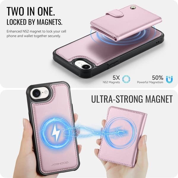 JEEHOOD J09 Mobilskal till iPhone 16e RFID Skydd Läder MagSafe - Rosa