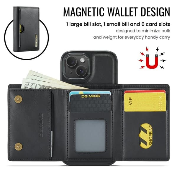 DG.MING M6 Series Mobilskal till iPhone 15 Magnetiskt Plånboksfodral Svart