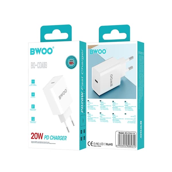 BWOO Hurtig Vægoplader 20W PD USB-C - Hvid Vit