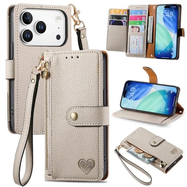 iPhone 17 Pro Max Konstläder Plånboksfodral RFID-Skydd Zipper med rem - Grå Grå