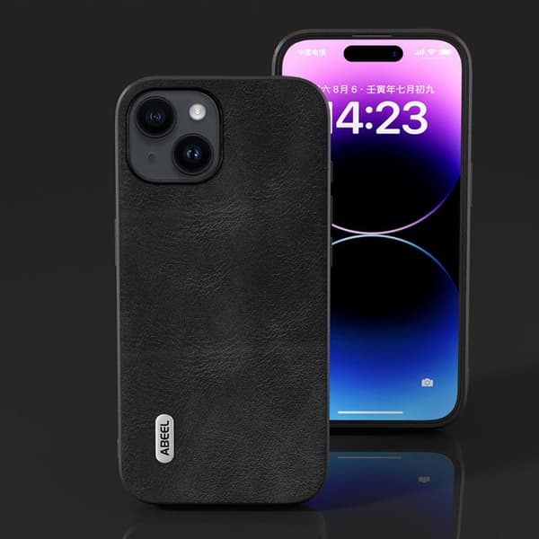 ABEEL Mobilskal till iPhone 15 , Läder Coated PC + TPU, Svart