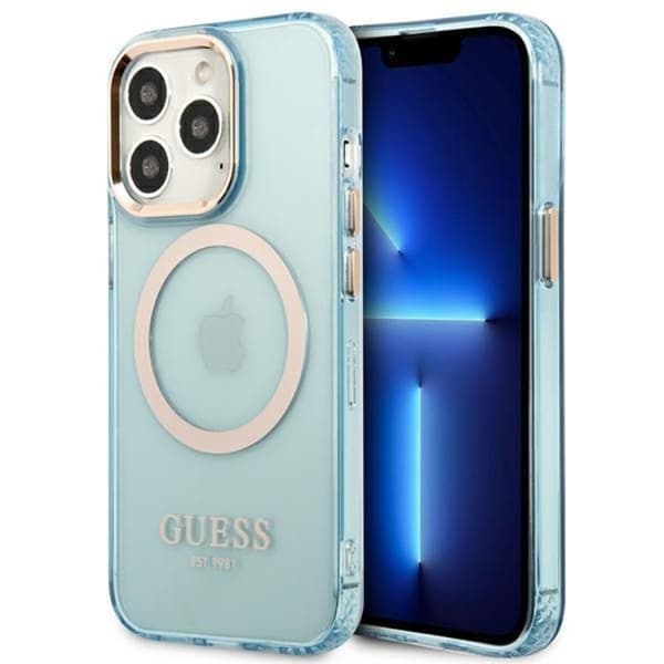 GUESS iPhone 13 Pro Skal MagSafe Guld Outline Translucent - Blå Blå
