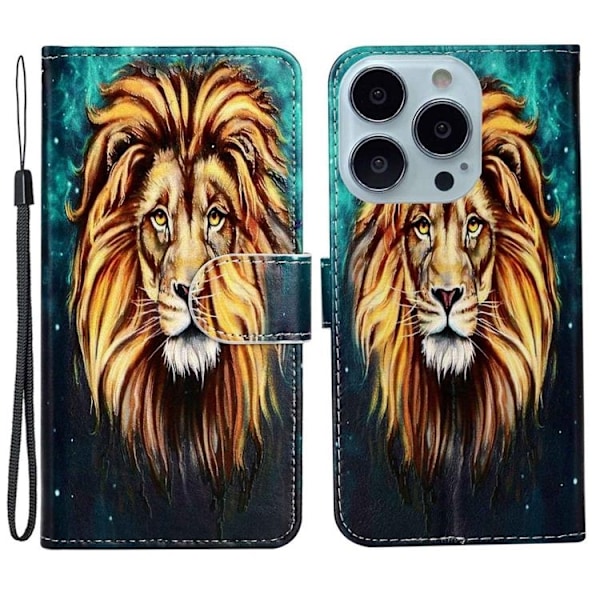 iPhone 14 Pro Max Plånboksfodral Embossed Pattern - Lion Flerfärgad