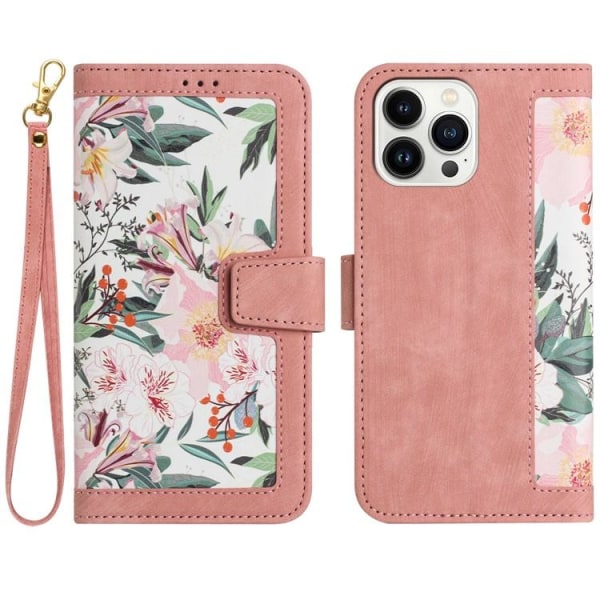 iPhone 15 Pro -lompakkokotelon kukkakuvio - vaaleanpunainen