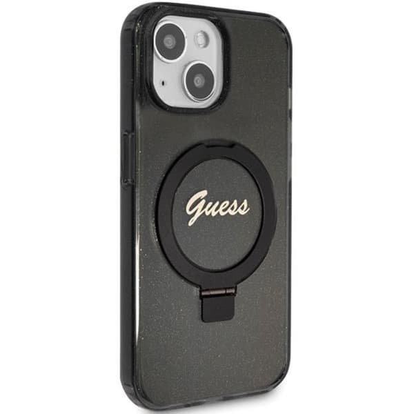 Guess iPhone 15/14 Plus Mobilskal Magsafe Ringställ Script Glitt Black