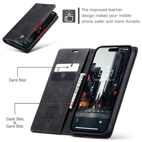 CASEME 013 iPhone 15 Pro Konstläderplånboksfodral Svart