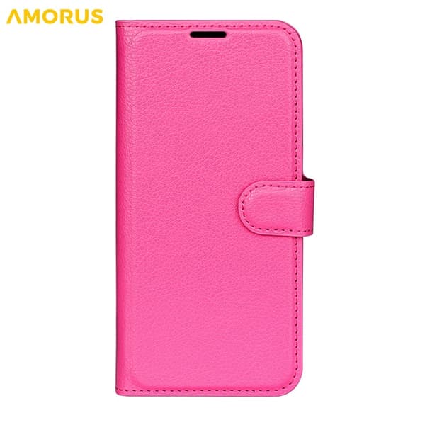 AMORUS iPhone 17 Pro Konstläder Plånboksfodral Flipstativ Litchi - Rosa Rosa