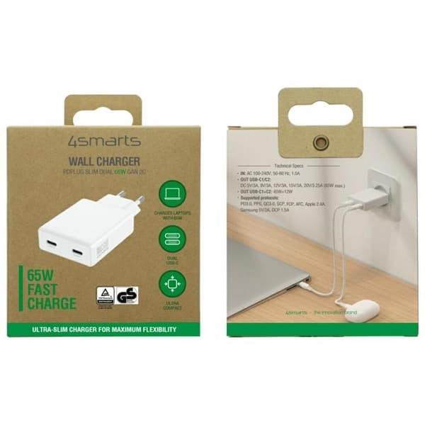 4smarts Snabbladdare 65W 2xUSB-C PDPlug Slim Dual - Vit Vit