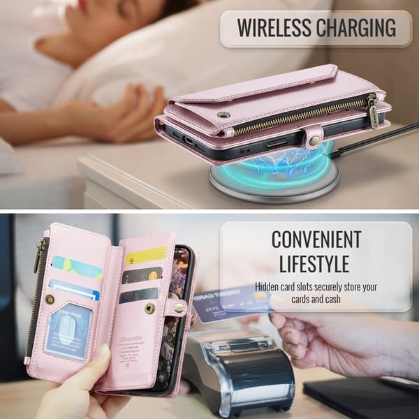 CASEME Plånboksfodral Konstläder för iPhone 17 Pro med dragkedja - Rosa