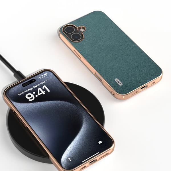 ABEEL Mobilskal till iPhone 16 Electroplating Edge Äkta Läder - Grön