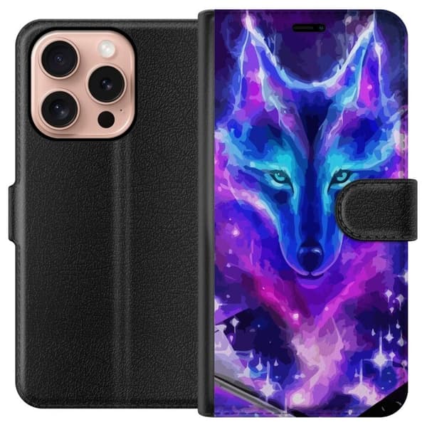 Lompakkokotelo Apple iPhone 16 Pro -puhelimelle Neon Wolf -kuviolla