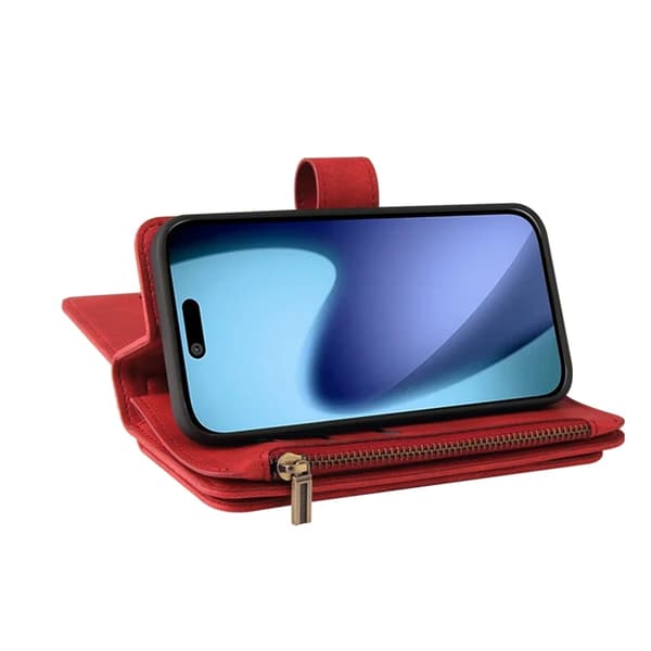 iPhone 17 Air Konstläder Plånboksfodral Zipper Rem Röd