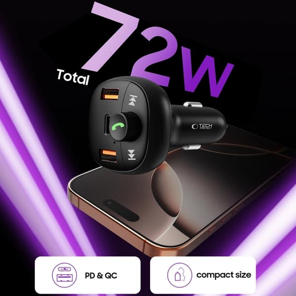 Tech Protect Biloplader USB-C Til USB-A 72W Plus Bluetooth - Sort Svart