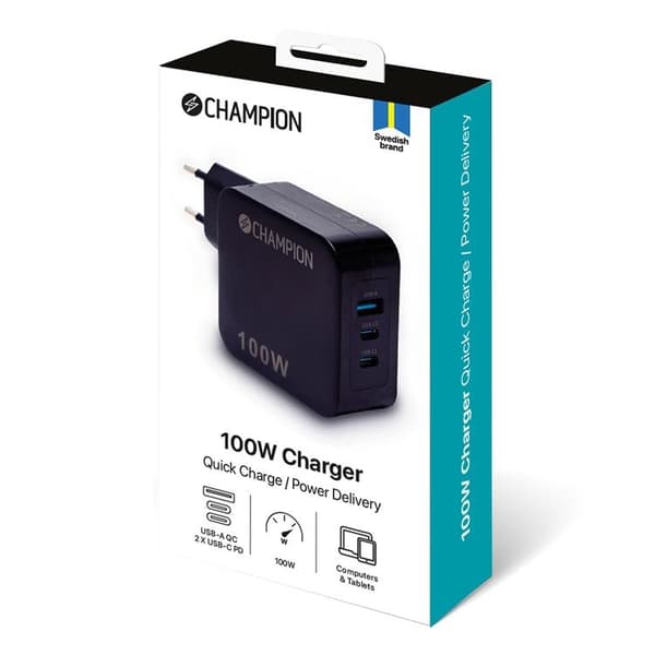 Champion Vægoplader 100W USB-A/USB-C - Sort Black